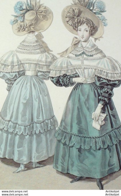 Gravure de mode Costume Parisien 1830 n°2824 Robe glacée canezou de mousseline