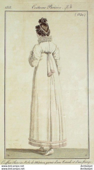 Gravure de mode Costume Parisien 1813 n°1349 Robe Mérinos garnie d'une torsade