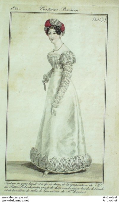 Gravure de mode Costume Parisien 1822 n°2057 Robe de satin ornée de chevrons