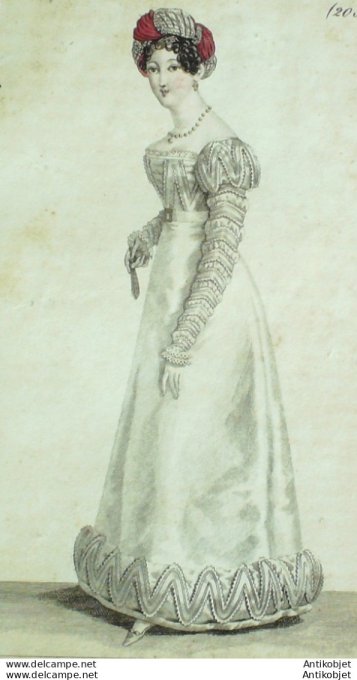 Gravure de mode Costume Parisien 1822 n°2057 Robe de satin ornée de chevrons