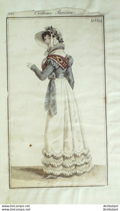 Gravure de mode Costume Parisien 1820 n°1889 Robe mousseline Canezou brodé