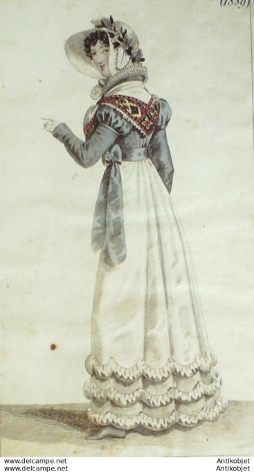 Gravure de mode Costume Parisien 1820 n°1889 Robe mousseline Canezou brodé