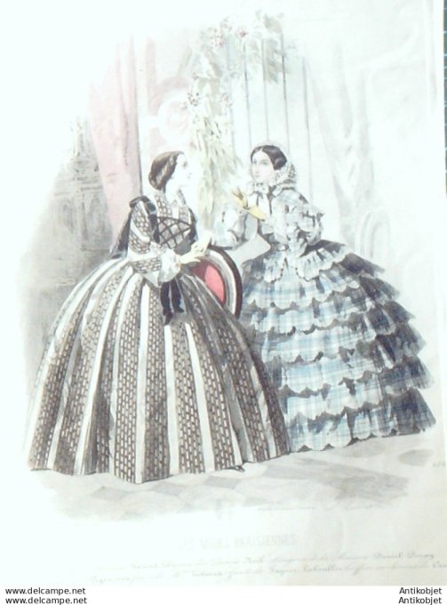 Gravure Les Modes Parisiennes 1851 # 686 Robes en tissu Maison Fauvet