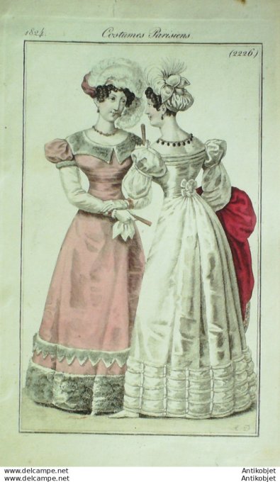 Gravure de mode Costume Parisien 1824 n°2226 Robes de Moire et satin garnie