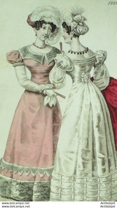 Gravure de mode Costume Parisien 1824 n°2226 Robes de Moire et satin garnie
