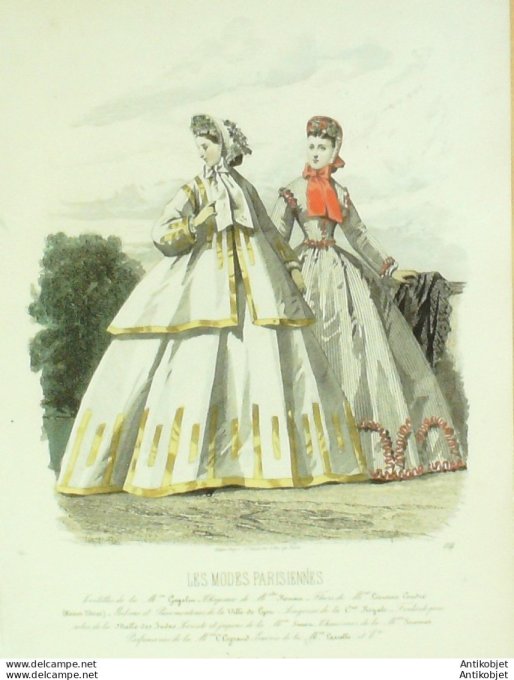 Gravure Les Modes Parisiennes 1863 #1114 Robes tissu imprimé Maison Cagelin