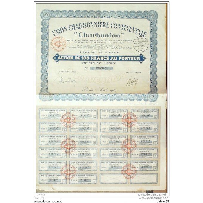 UNION CHARBONNIERE CONTINENTALE CHARBUNION-ACTION-100 FR-1929