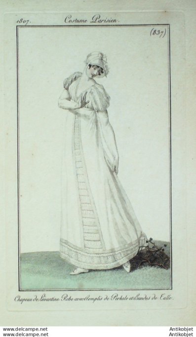 Gravure de mode Costume Parisien 1807 n° 837 Robe avec remplis de Perkale