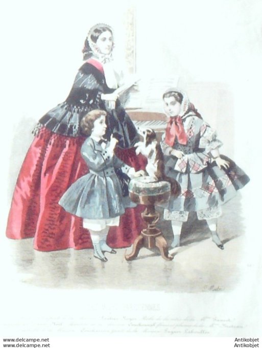 Gravure Les Modes Parisiennes 1851 # 687 Costumes enfants Maison Royer Chien