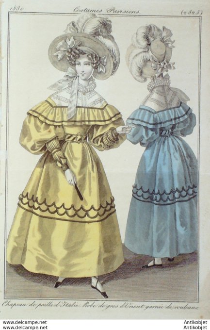 Gravure de mode Costume Parisien 1830 n°2825 Robe gros d'Orient garnie de rouleaux