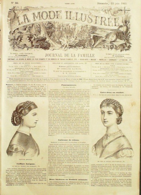 Journal Mode illustrée 1865 # 26 Coiffure Antigone