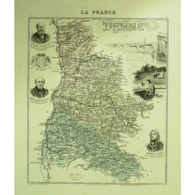 Carte Drome (26) Valence Graveur Lecoq Waltner Barbier 1868