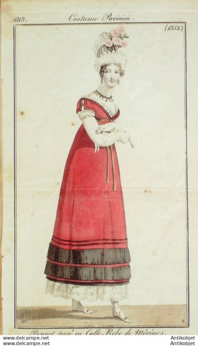 Gravure de mode Costume Parisien 1813 n°1352 Robe de Mérinos