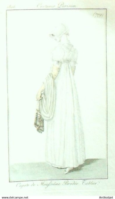 Costume Parisien 1806 # 719 (eau forte) Tablier Capote mousseline