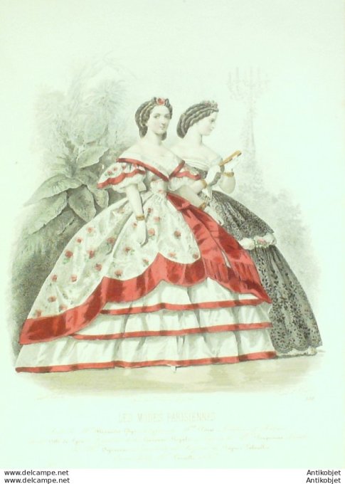 Gravure Les Modes Parisiennes 1861 # 938 Robes de bal Maison Ghys