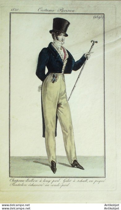 Gravure de mode Costume Parisien 1820 n°1893 Gilet homme à Shall en piqué