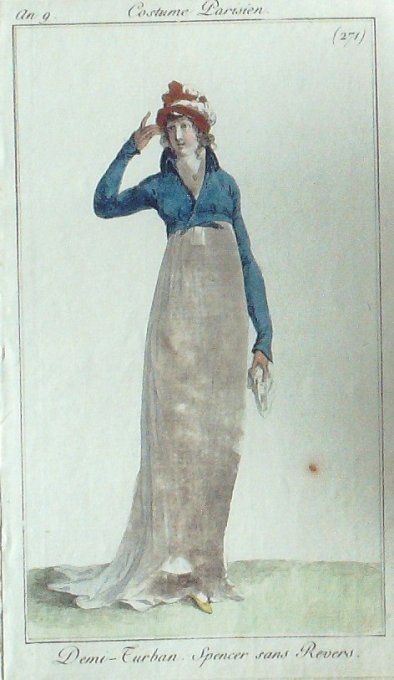 Gravure Mode Costume Parisien 1800 an  9 # 271 (eau forte old Fashion plate