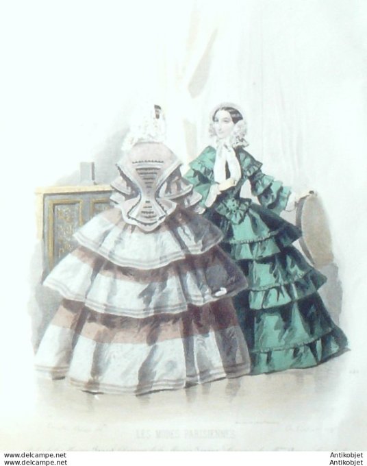 Gravure Les Modes Parisiennes 1851 # 688 Robes en tissu Maison Fauvet
