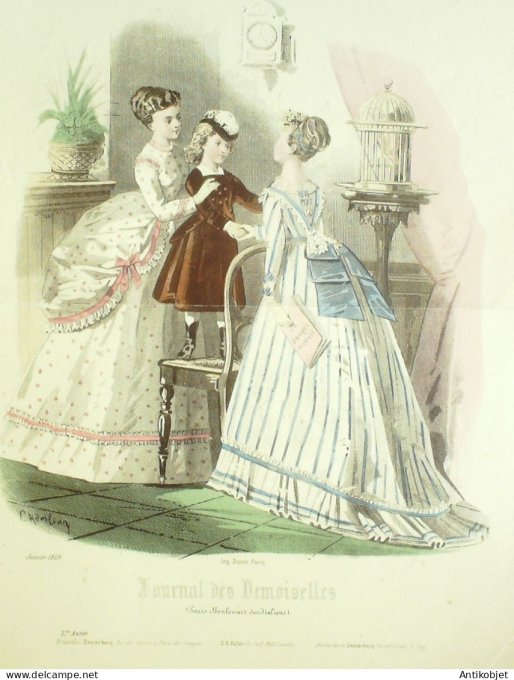 Gravure Mode J.Demoiselles 1869 #  1b (aquarelle Old Fashion plate)