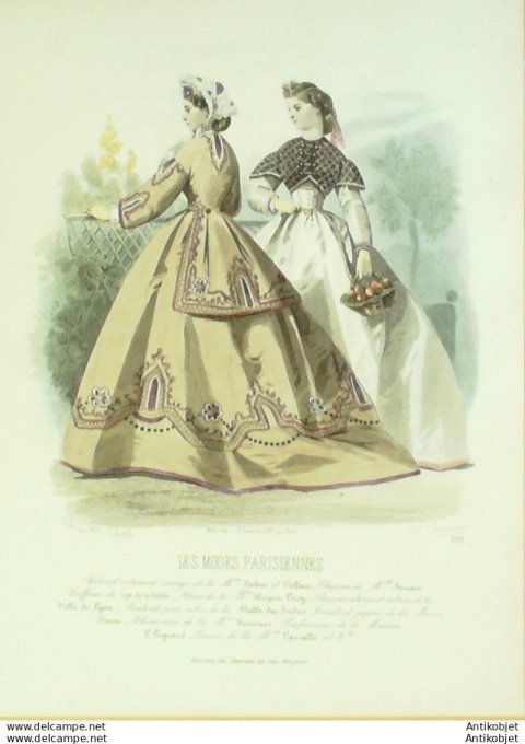 Gravure Les Modes Parisiennes 1863 #1115 Robes velours & Perkale Maison Leclère-Vollant