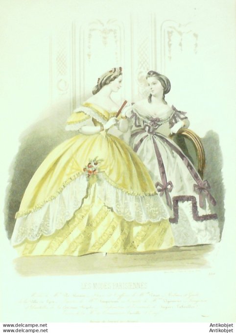 Gravure Les Modes Parisiennes 1861 # 939 Robes de cour Maison Plé-Horain