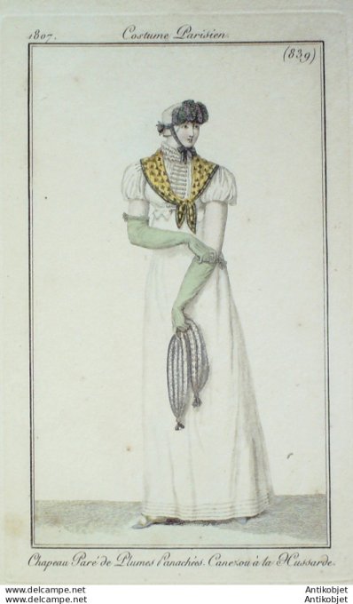 Gravure de mode Costume Parisien 1807 n° 839 Canezou à la hussarde