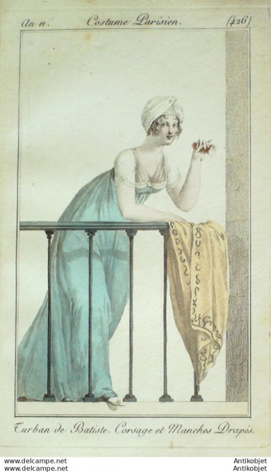 Gravure de mode Costume Parisien 1802 n° 426 (An 11) Corsage manches drapées