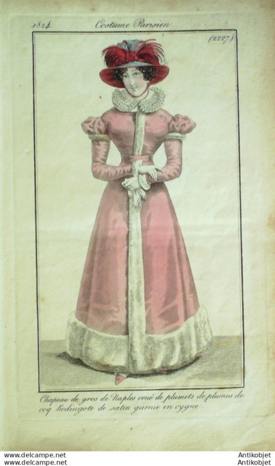 Gravure de mode Costume Parisien 1824 n°2227 Redingote satin & cygne & coq