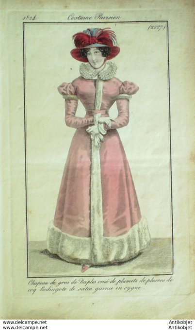 Costume Parisien 1824 # 2227 Redingote satin & cygne & coq