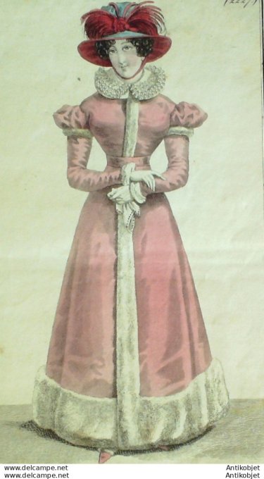 Costume Parisien 1824 # 2227 Redingote satin & cygne & coq