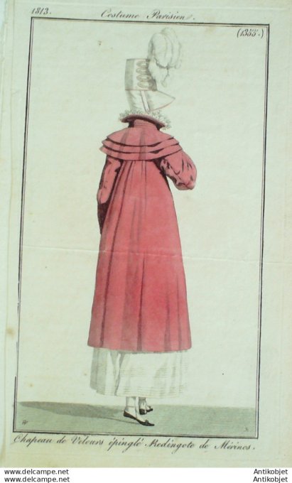 Gravure de mode Costume Parisien 1813 n°1355 Redingote de Mérinos