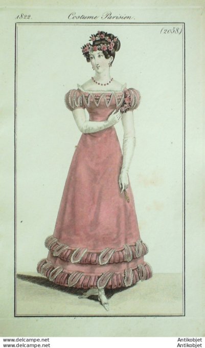 Gravure de mode Costume Parisien 1822 n°2058 Robe en étoffe de Lyon