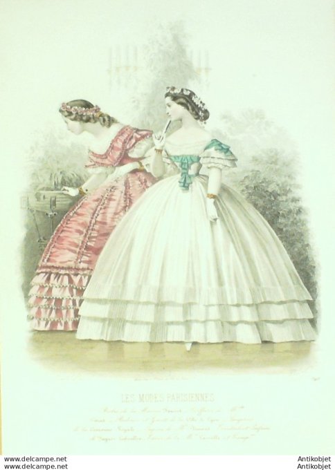 Gravure Les Modes Parisiennes 1861 # 940 Robes de voile Maison Fauvet