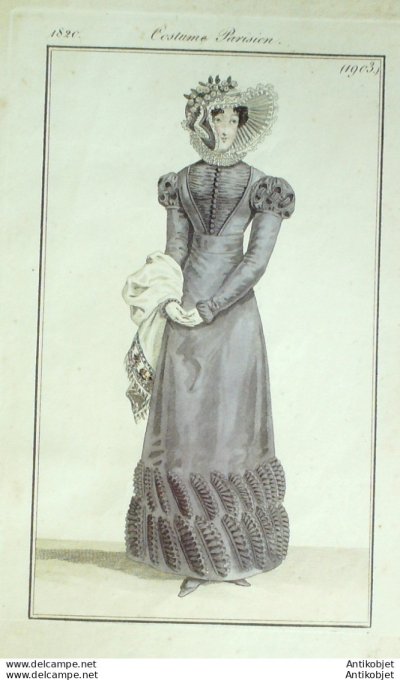 Gravure de mode Costume Parisien 1820 n°1903 Robe de gros de Naples