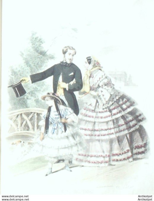Gravure Les Modes Parisiennes 1851 # 689 Costume homme Maison Human Chien