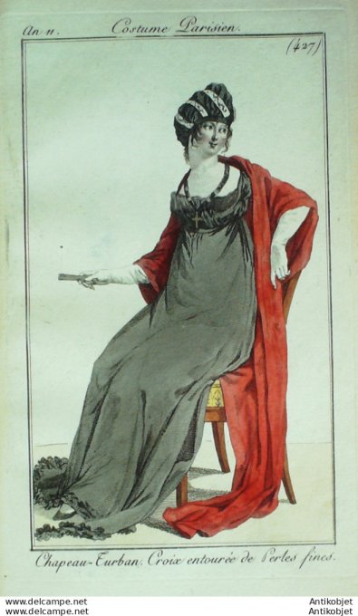 Gravure de mode Costume Parisien 1802 n° 427 (An 11) Chapeau turban croix