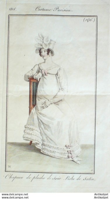 Gravure de mode Costume Parisien 1816 n°1616 Robe de satin