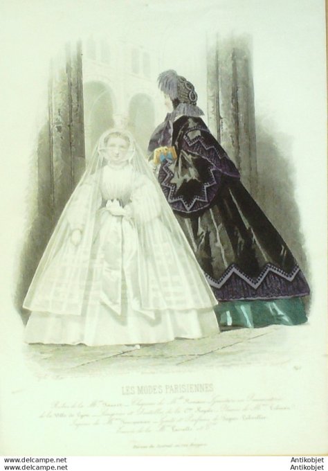 Gravure Les Modes Parisiennes 1861 # 941 Robes communiante Maison Fauvet