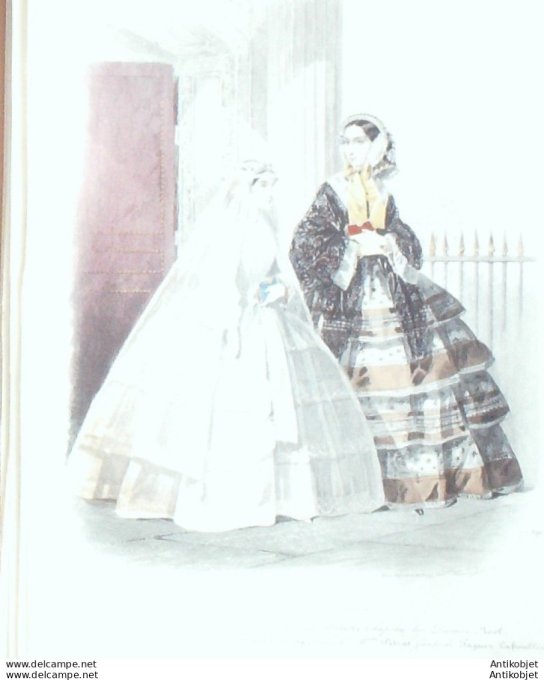Gravure Les Modes Parisiennes 1851 # 690 Robe et châle Maison Delisle