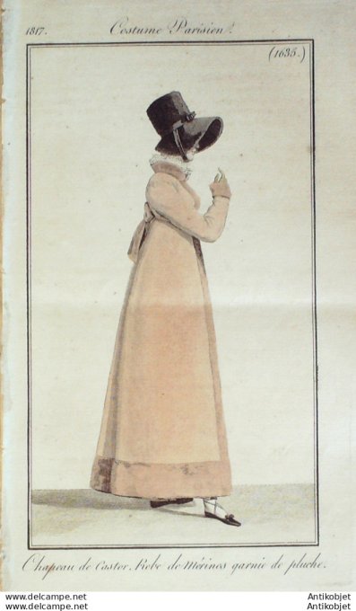 Gravure de mode Costume Parisien 1817 n°1635 Robe de mérinos garnie de pluche