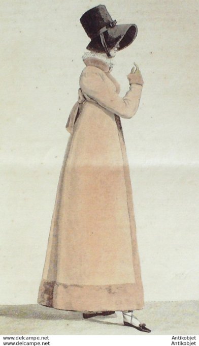 Gravure de mode Costume Parisien 1817 n°1635 Robe de mérinos garnie de pluche