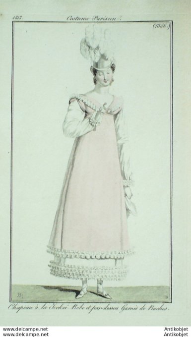 Gravure de mode Costume Parisien 1813 n°1356 Robe et pardessus garnis