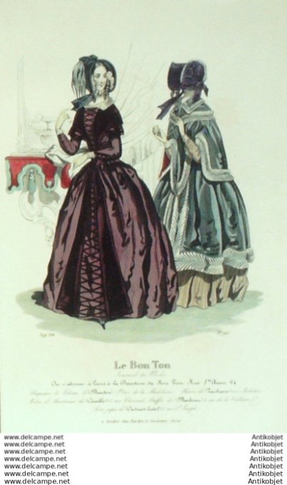 Gravure Mode Le Bon Ton 1843 # 725 (aquarelle old fashion plate)