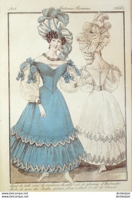 Gravure de mode Costume Parisien 1828 n°2648 Robe gros des Indes