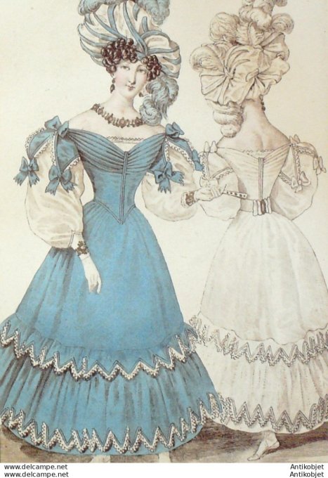 Gravure de mode Costume Parisien 1828 n°2648 Robe gros des Indes