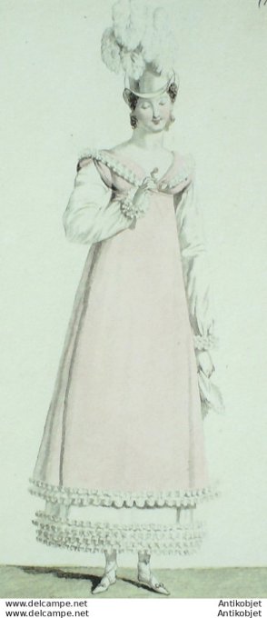Gravure de mode Costume Parisien 1813 n°1356 Robe et pardessus garnis