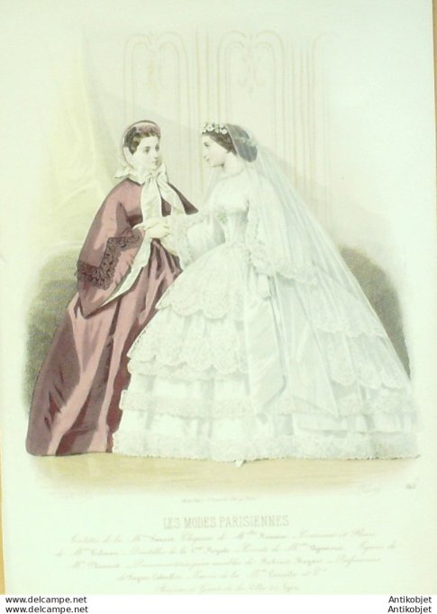 Gravure Les Modes Parisiennes 1861 # 942 Robes de Mariée Maison Fauvet