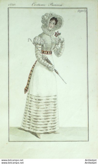 Gravure de mode Costume Parisien 1820 n°1905 Robe en satin brodé garnie