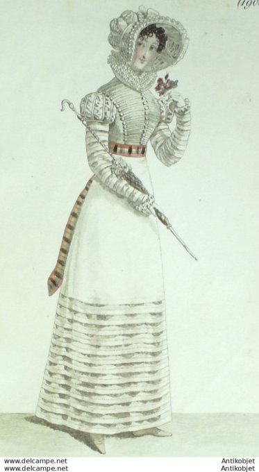 Gravure de mode Costume Parisien 1820 n°1905 Robe en satin brodé garnie