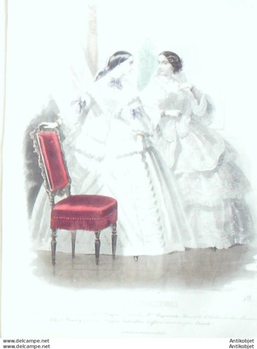 Gravure Les Modes Parisiennes 1851 # 691 Robes de soirée Maison Payan